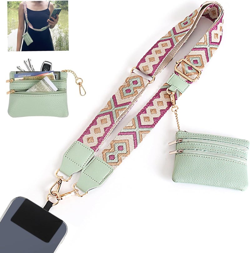 SCINYMC Clip and Go Strap for Phone with Wallet Crossbody, Adjustable Phone Strap with Wallet, Phones Straps with Zippered Pouch, Crossbody iPhone Straps for All Phones, Green-Purple - Image 1